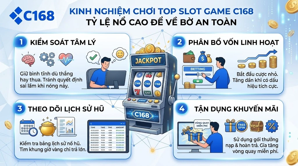 Kinh nghiệm chơi top slot game c168 tỷ lệ nổ cao để về bờ an toàn